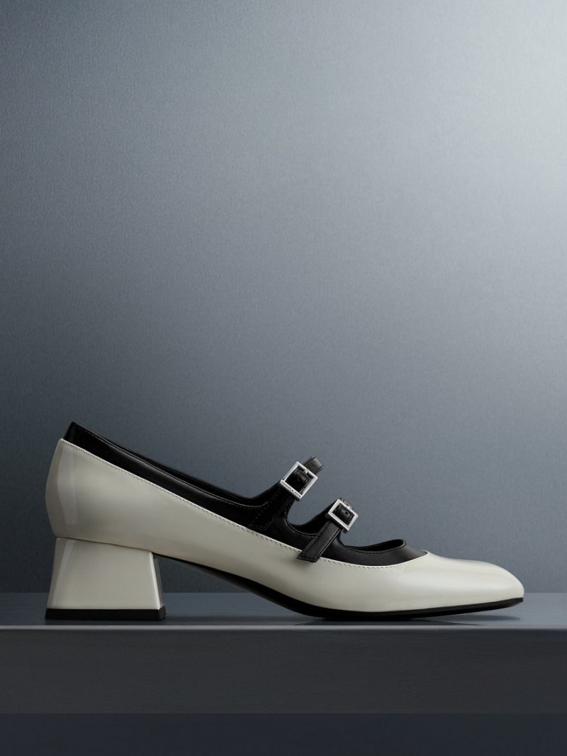Charles Keith Mary Jane Schoenen Koopjes Lak Double Gesp Two Tone Wit
